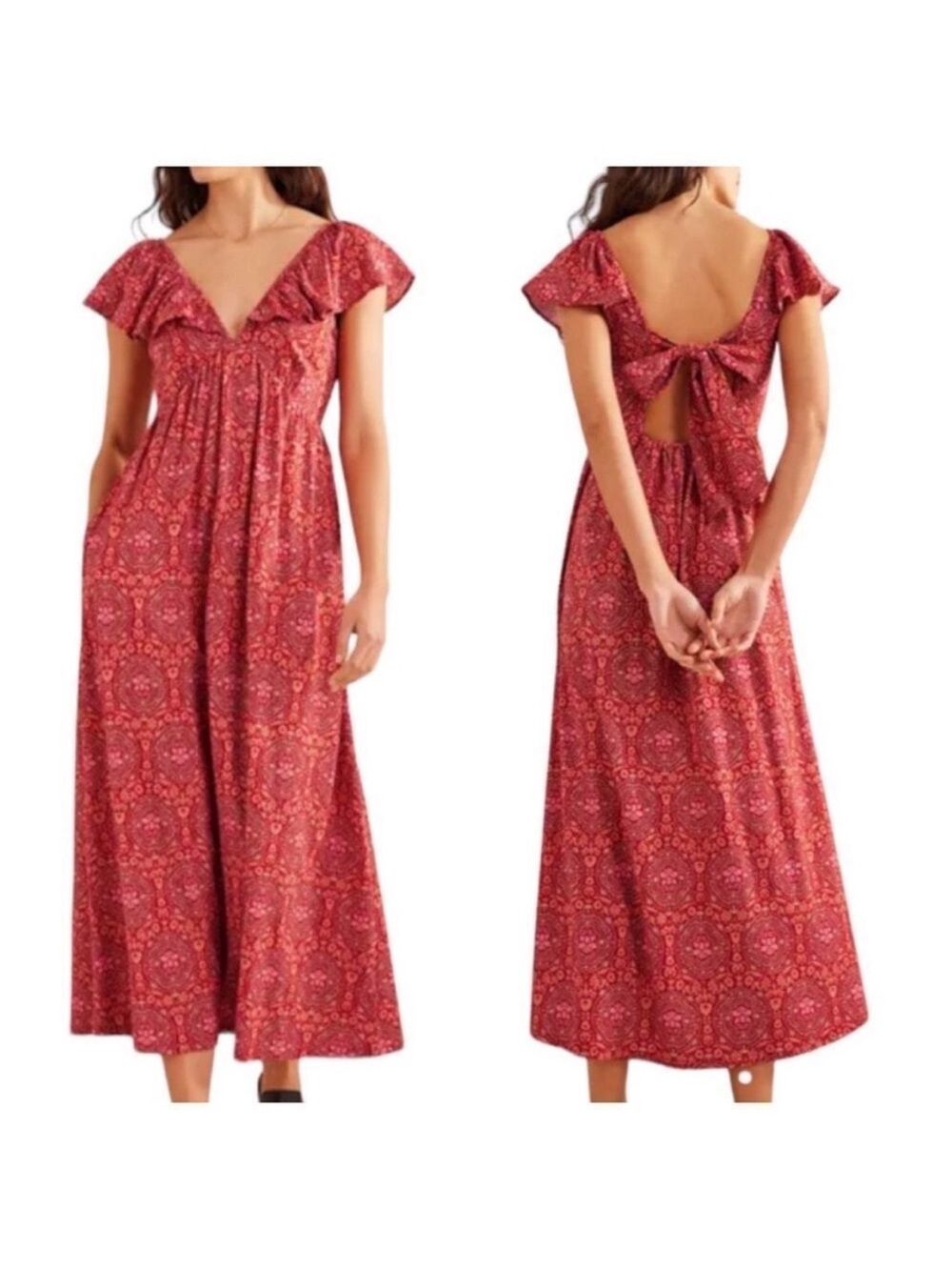 Boden Floral Ruffle Sleeve Tie Back Maxi Dress Women Size 8 #D0605